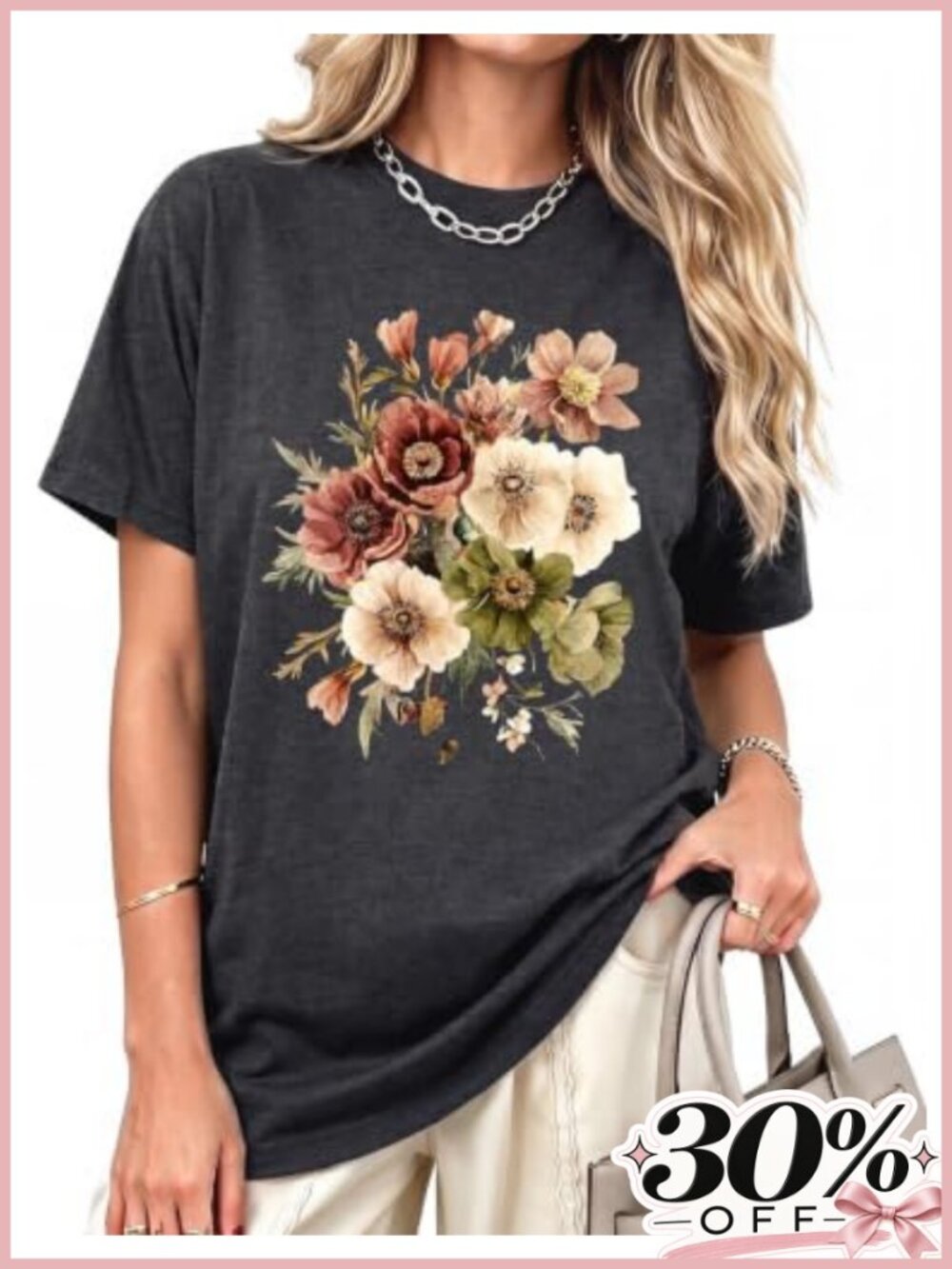 Oversized Vintage Graphic Tee for Women Cotton Blend Crew Neck Retro Floral